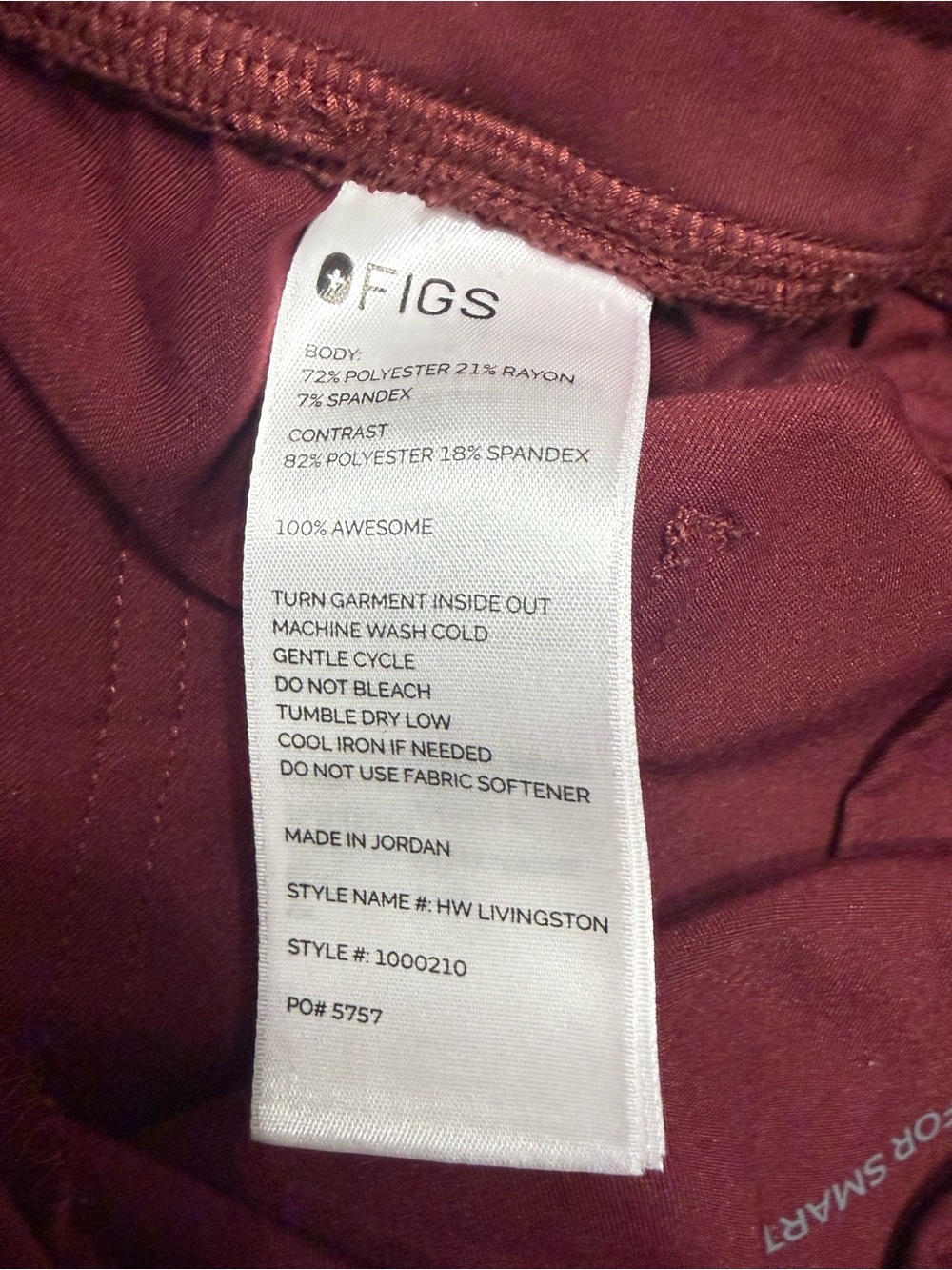 FIGS High Waisted Livingston Scrub Pants XS Petite Burgundy - Picture 5 of 6